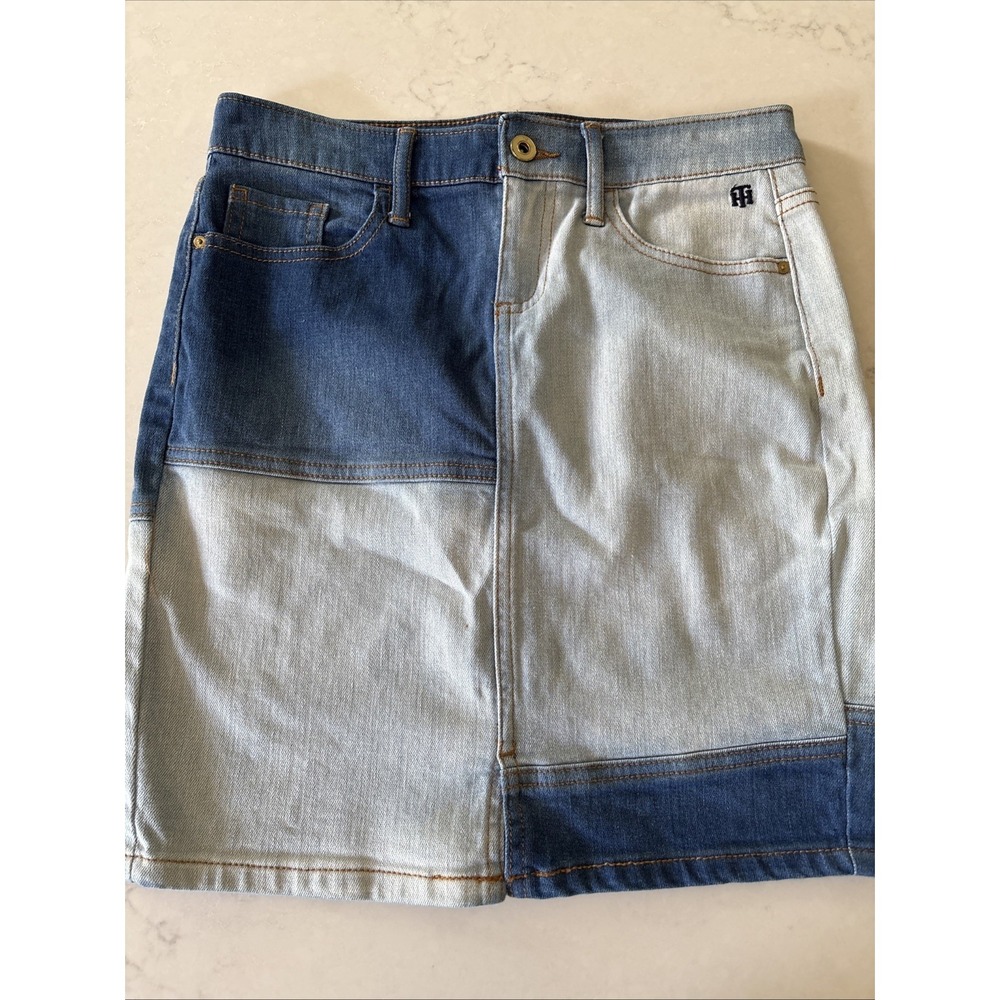Tommy Hilfiger Blue Jean Skirt Womens Stretch Sz 2 Patchwork Denim Pocket Logo